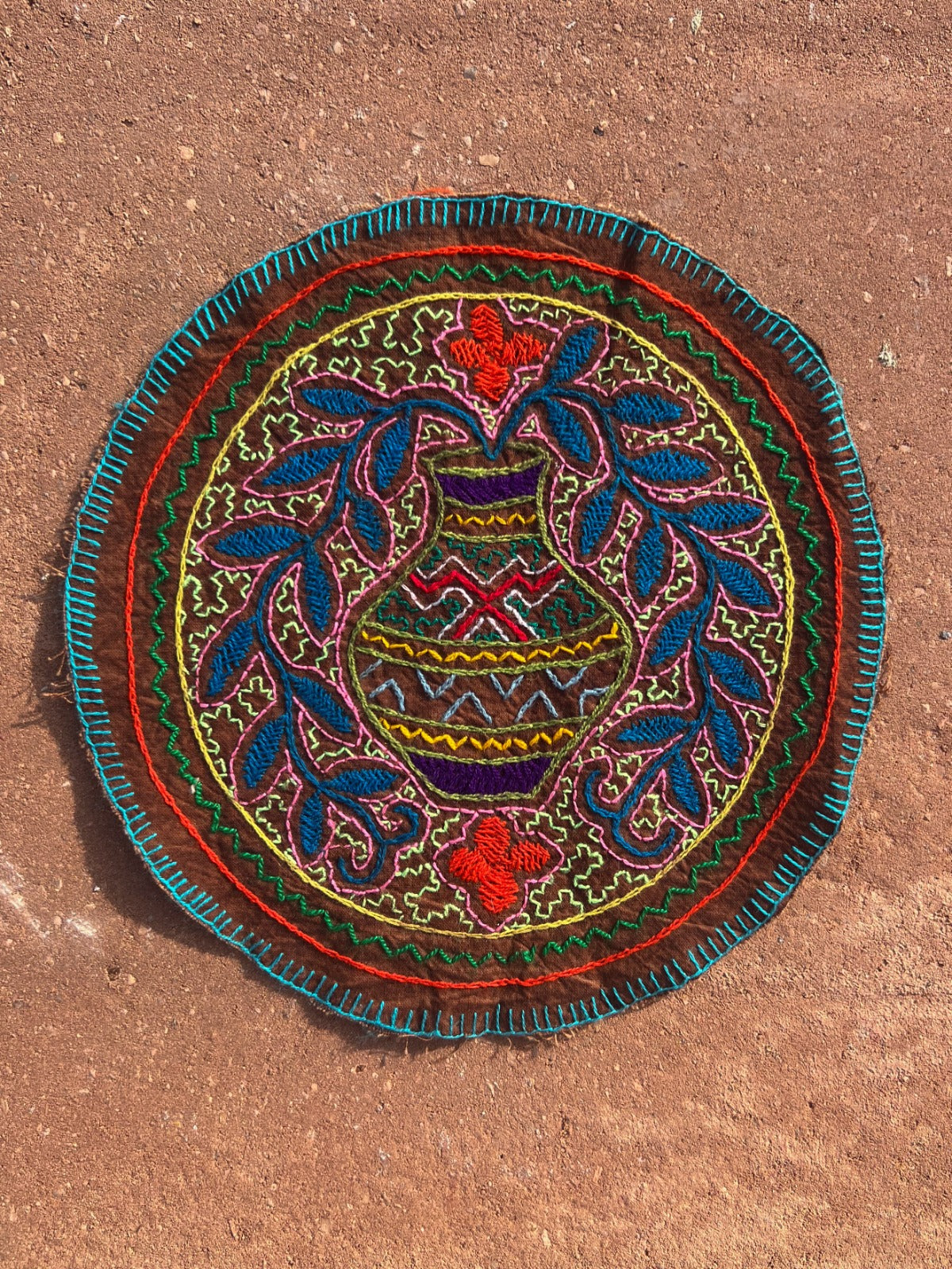 Handmade Shipibo Altar Cloth Round Small with Ayahuasca & Chacruna Plant Details