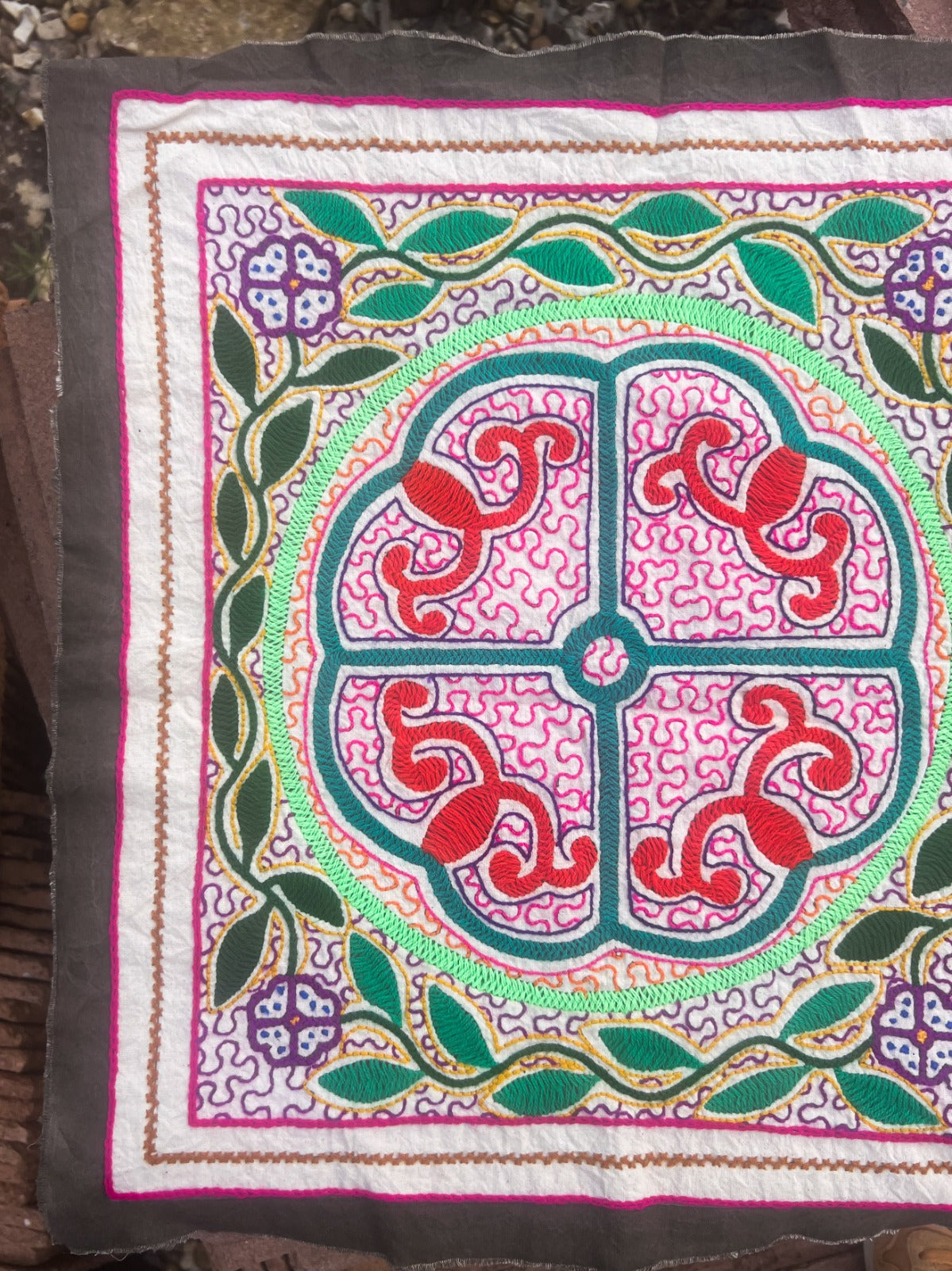 Handmade Shipibo Altar Cloth Square Medium with Ayahuasca & Chacruna Plant Details