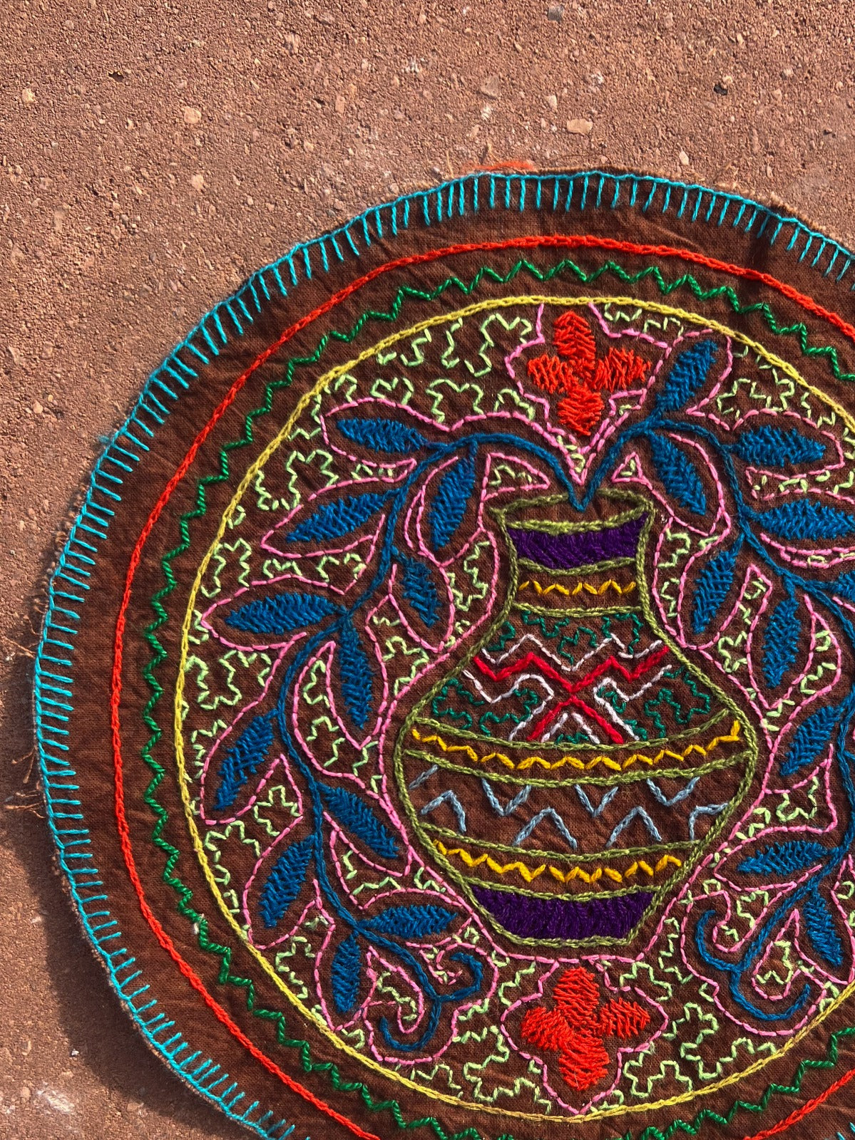 Handmade Shipibo Altar Cloth Round Small with Ayahuasca & Chacruna Plant Details