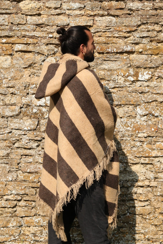 Peruvian Handmade Woven Llama Wool Super Heavyweight Brown Striped Poncho