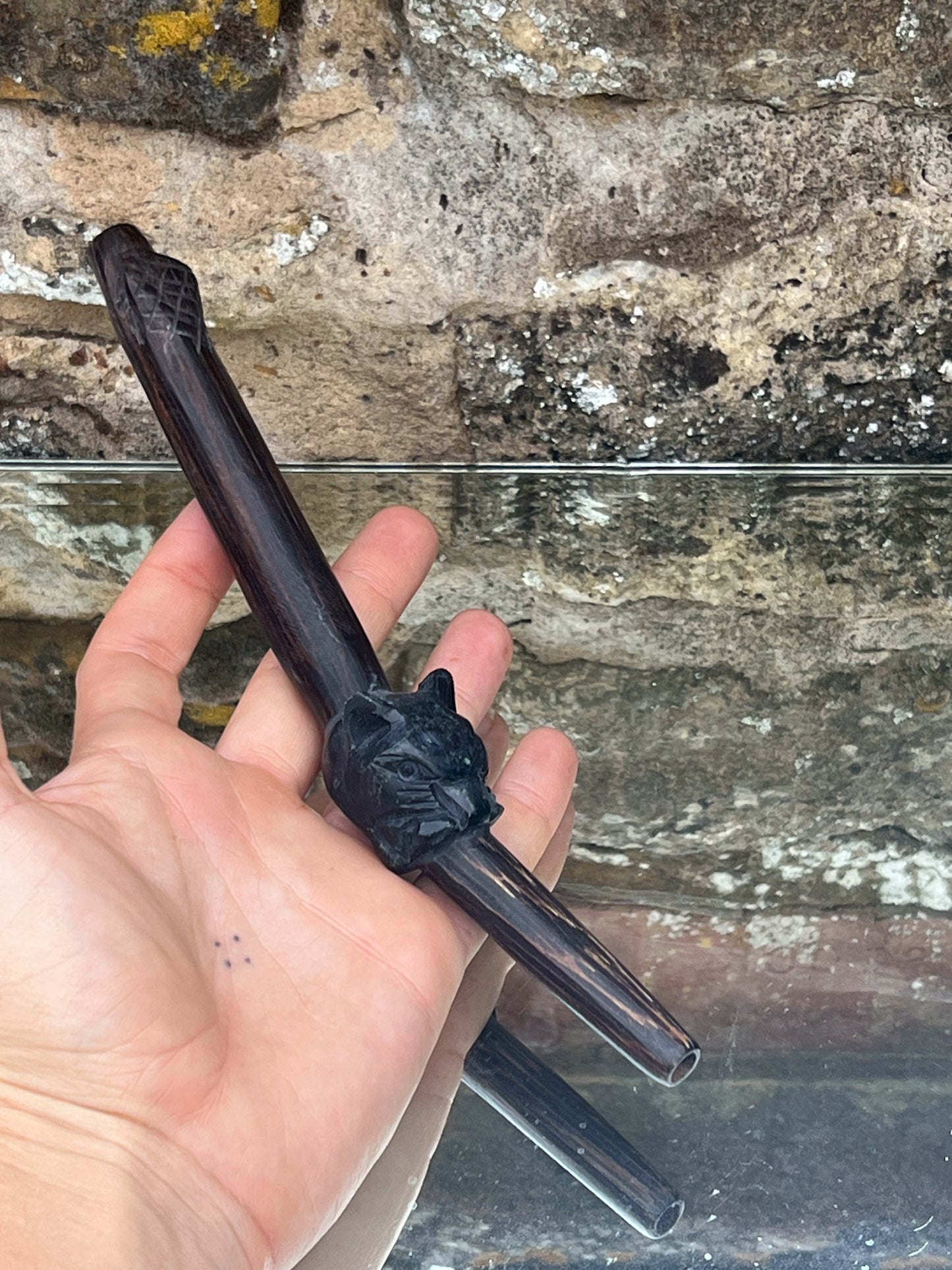 Peruvian Hapé Tepi Pipe Jaguar Head and Chonta Wood