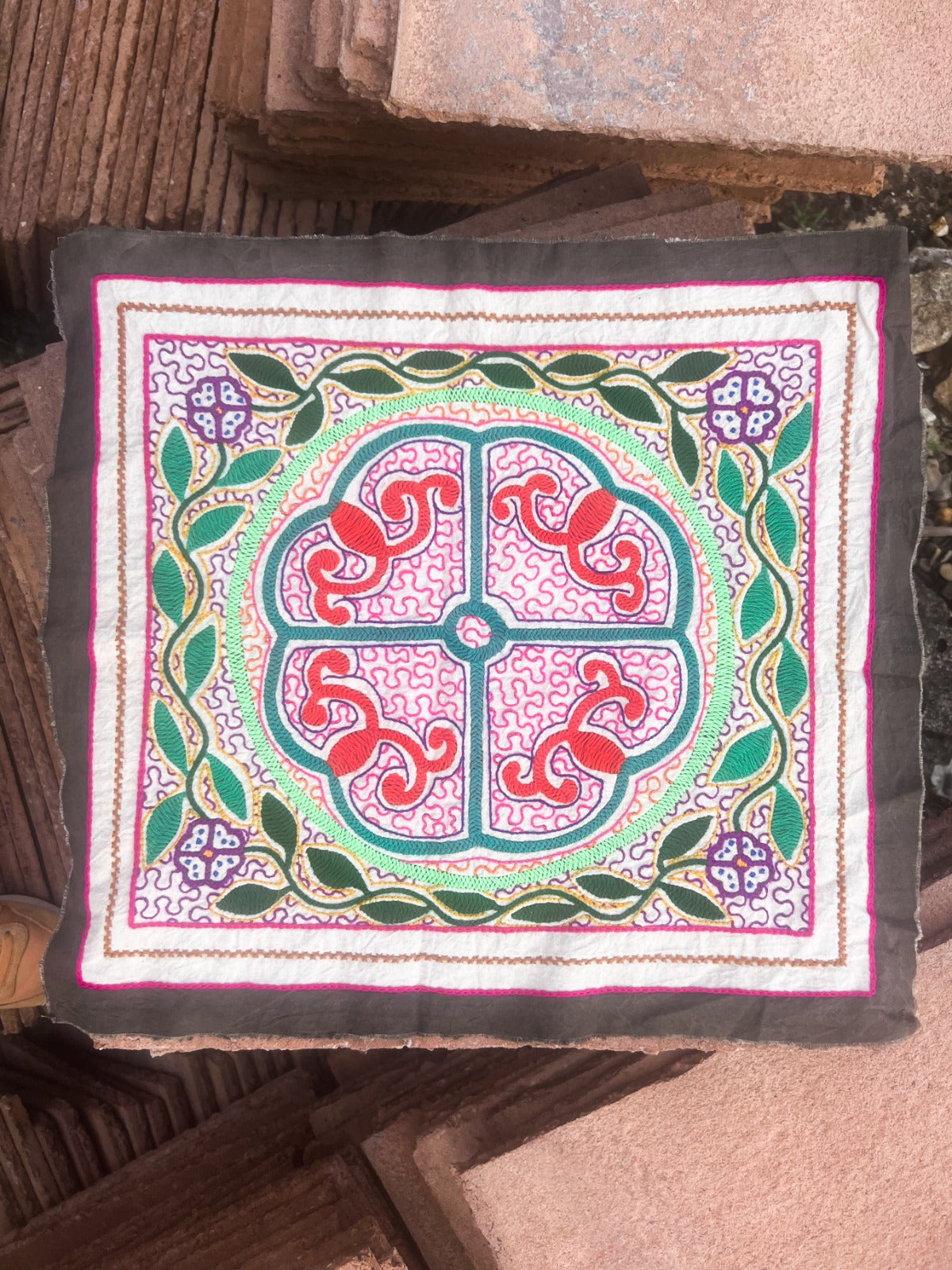 Handmade Shipibo Altar Cloth Square Medium with Ayahuasca & Chacruna Plant Details