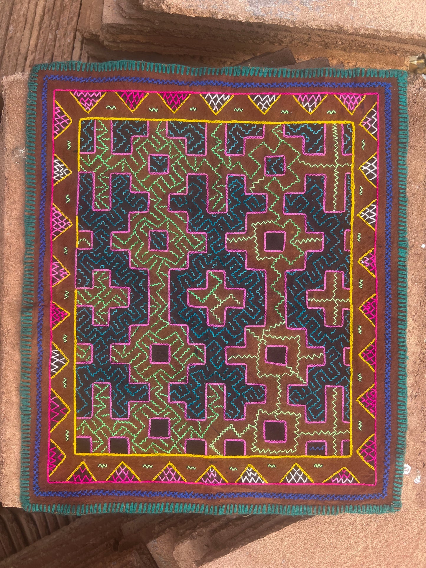 Handmade Shipibo Altar Cloth Square Medium with Ayahuasca & Chacruna Plant Details