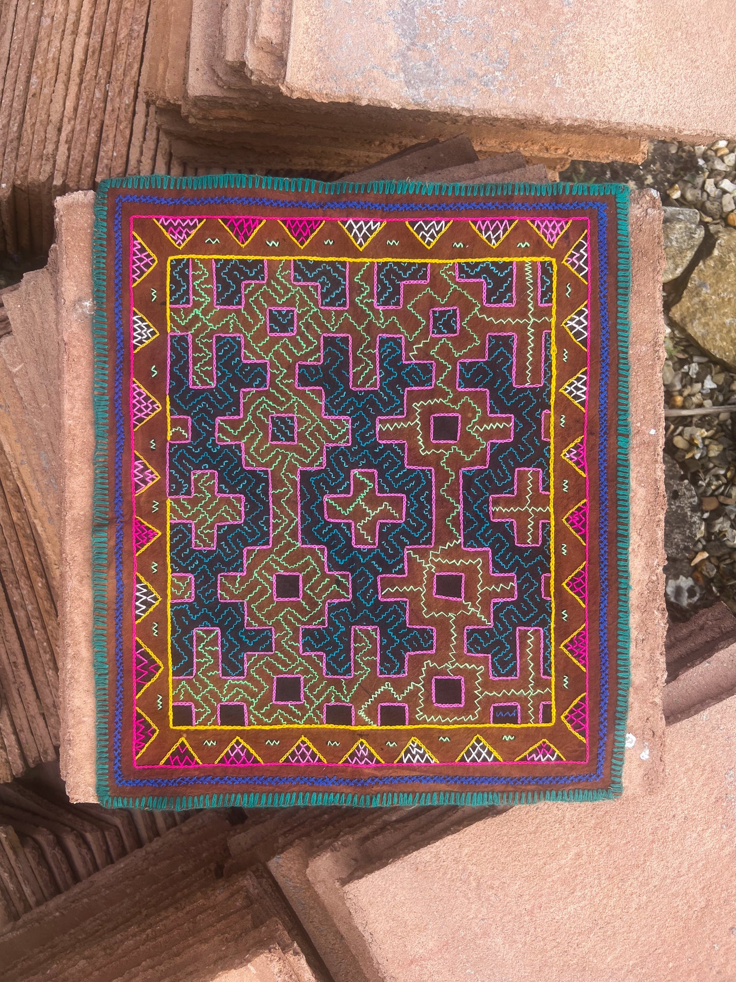 Handmade Shipibo Altar Cloth Square Medium with Ayahuasca & Chacruna Plant Details